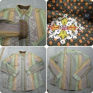 Robert Graham Shirt Women? XL Green Striped Embroidered Blouse Flip Cuff RARE
